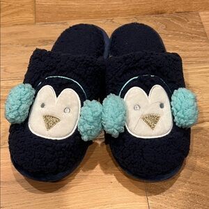 Cozy Penguin Slippers‎ with Blue Earmuffs